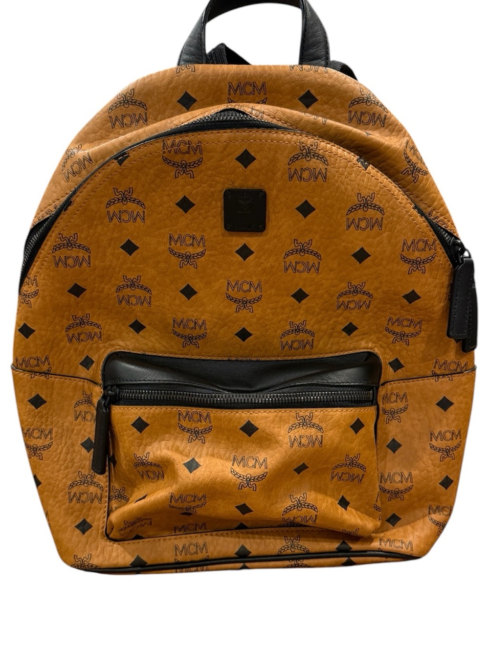 MCM Small Stark Visetos Backpack Cognac Black Leather Women's Designer Bag